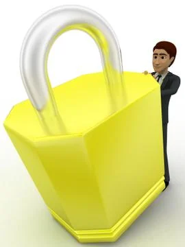 3d man with big lock and key concept Illustrazione stock