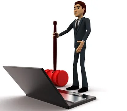3d man with big red hammer and laptop concept Stock Illustration