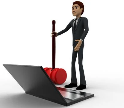 3d man with big red hammer and laptop concept Stock Illustration
