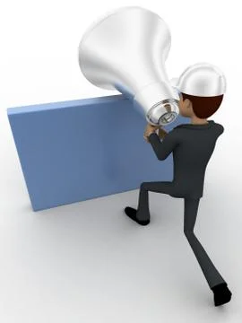 3d man with big silver speaker and hide behind wall concept Stock Illustration