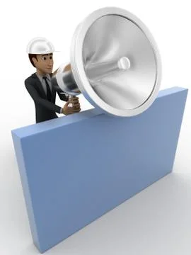 3d man with big silver speaker and hide behind wall concept Stock Illustration