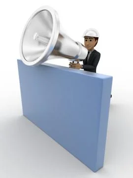 3d man with big silver speaker and hide behind wall concept Stock Illustration