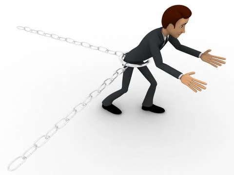 3d man bind by metalic chain and try to escape concept Stock Illustration