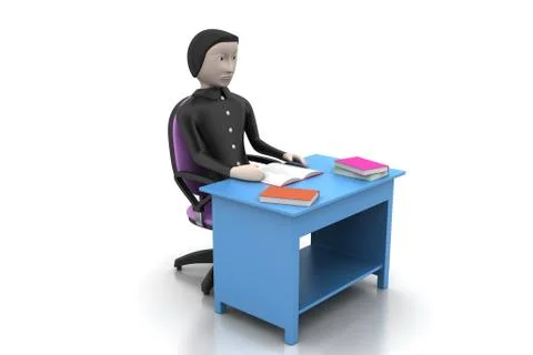 3d man  with books at table study Free Stock Illustration