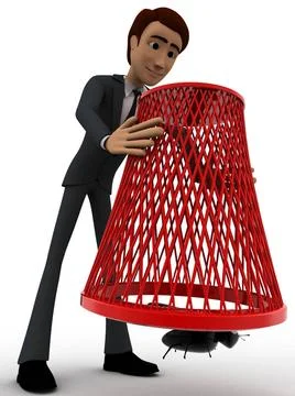 3d man catching flying bug with dustbin net concept 3d man catching flying... Stock Photos