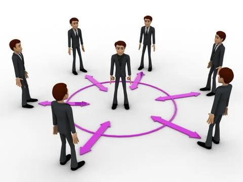 3d man in center of every bidirectional arrow with other men concept Illustrazione stock