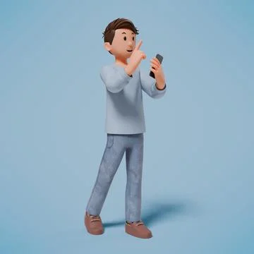 3d man character facing left and pointing upwards while holding the cellphone Stock-Fotos