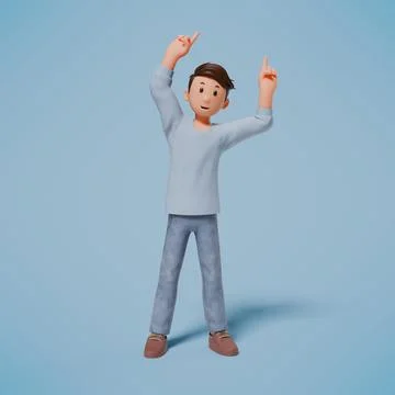 3d man character pointing to the left with his left hand with blue background Stock Photos