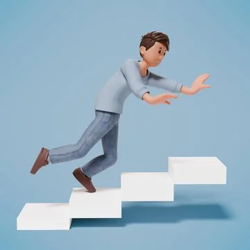3d man character slipped while climbing the stairs with a blue background Stock-Fotos