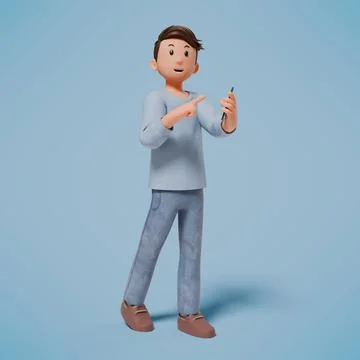 3d man character walking while pointing at his cellphone Stock-Fotos