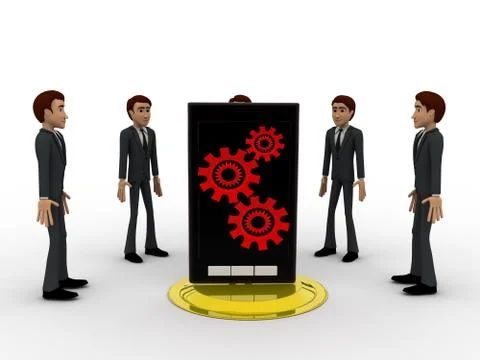 3d man in circular line and smartphone with settings in center  of circle con Stock Illustration