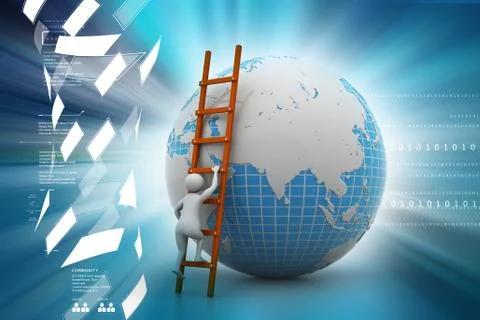 3d man climbing the.Globe with the help of ladder in color back ground. Ilustración de archivo