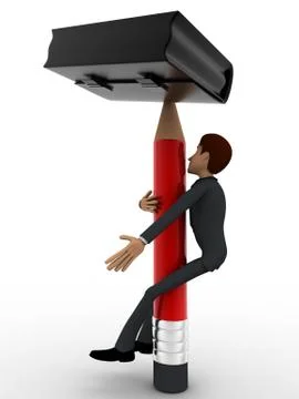 3d man climbing pencil like tree to pick briefcase concept Stock Illustration
