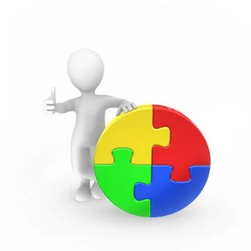3d man with colored puzzle shows thumbs up. Stock Illustration