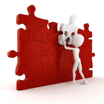 3d man completing a puzzle, on white background Stock Illustration