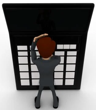 3d man confused while calculating accounts on calculator concept Stock Illustration