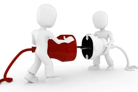 3d man connecting a cable, isolated on white Stock Illustration