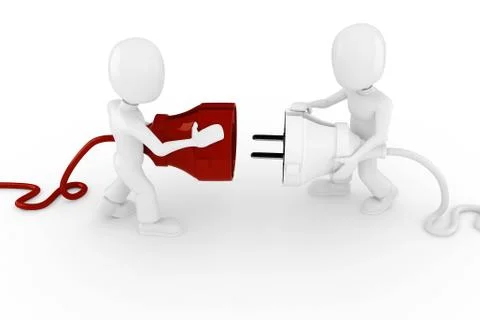 3d man connecting a cable, isolated on white Stock Illustration