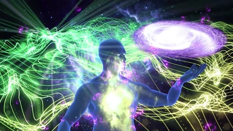 3D MAN CONTROLING A GALAXY WITH LINES BACKGROUND AND LIGHTS EFFECTS Stock Footage 233923948