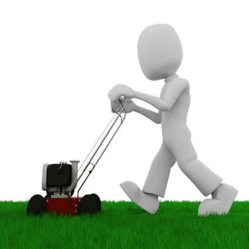 3d man cutting the grass with a push  lawn mowe Stock Illustration