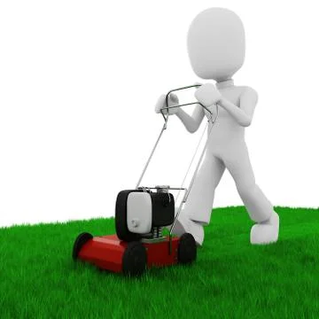 3d man cutting the grass with a push  lawn mowe Stock Illustration