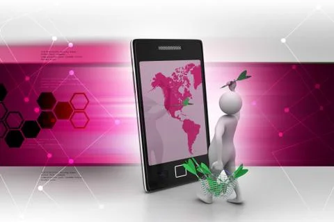 3d man with darts and smart phone in color background Stock Illustration
