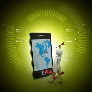 3d man with darts and smart phone in color background Stock Illustration