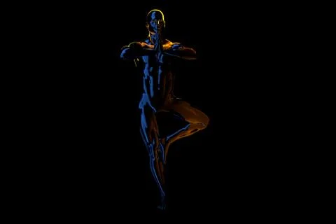 3d man doing yoga exercise in tree pose isolated on black background Stock Illustration