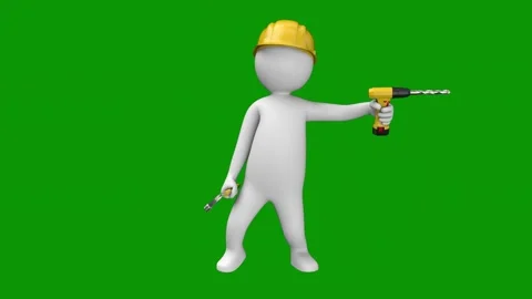 3d man driller green screen in hard hat holding tool person points at Stock Footage 314067911