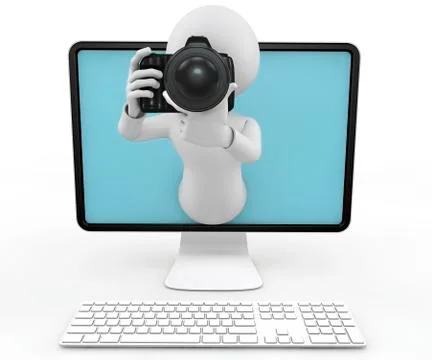 3d man with dslr camera and computer Stock Illustration