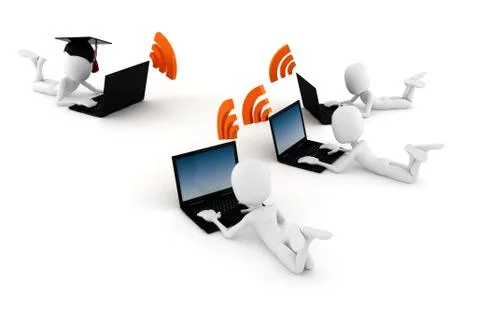 3d man e-learning, on white background Illustrazione stock