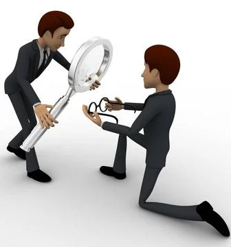 3d man examine spectacles using magnifying glass concept 3d man examine sp... Stock Photos