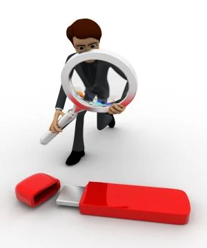 3d man examine usb pendrive using magnifying glass concept Stock Illustration