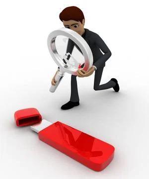 3d man examine usb pendrive using magnifying glass concept 3d man examine ... Stock Photos