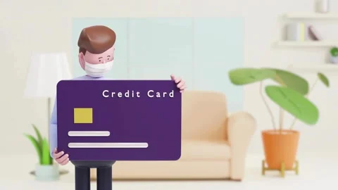 3D man with face mask holding large credit card Video stock 333114083