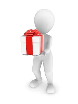 3d man with gift box in hands isolated on white background. Stock Illustration