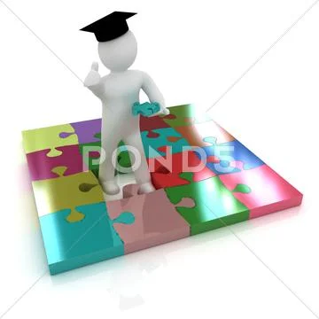 3d man in a graduation cap with thumb up with individual puzzles Stock Illustration