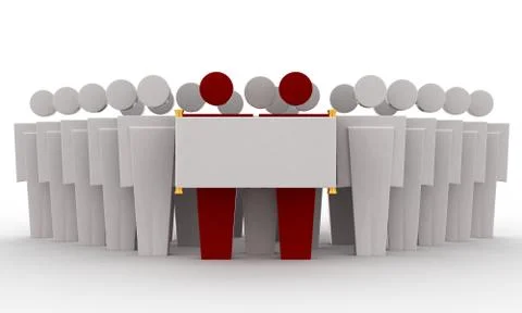 3d man group standing in triangle shape with big banner concept Stock Illustration