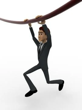 3d man hanging on rope with both hands concept Stock Illustration