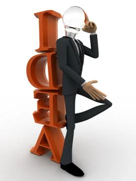 3d man with head of bulb and thinking for idea concept Stock Illustration