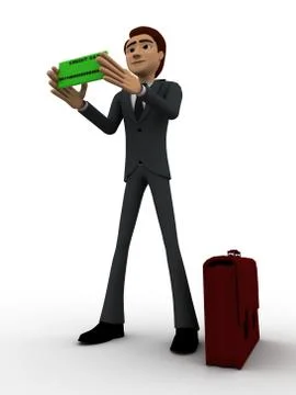 3d man holding black small board and having briefcase concept Stock Illustration