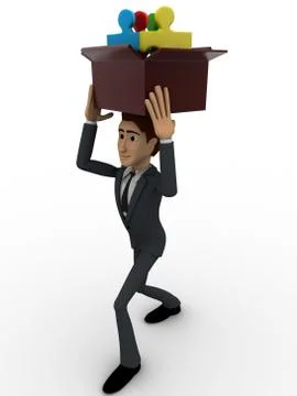 3d man holding box of puzzle pieces on head concept Stock Illustration