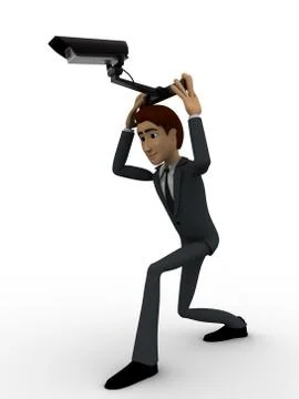 3d man holding cctv security camera on head concept Stock Illustration