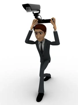 3d man holding cctv security camera on head concept Stock Illustration