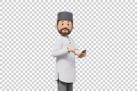 3d man holding a cellphone while interacting, expressing and smiling at the.. Stock Illustration