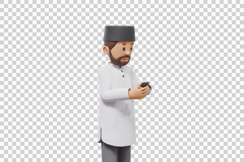 3d man holding a cellphone while interacting, expressing and smiling at the.. Stock Illustration
