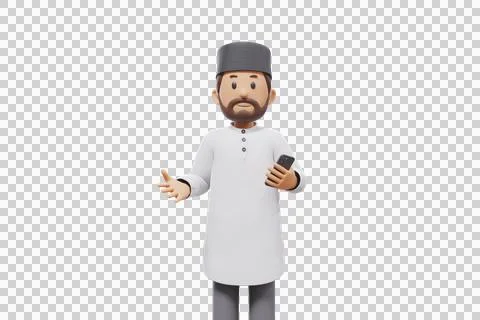 3d man holding a cellphone while interacting, expressing and smiling at the.. Stock Illustration