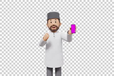 3d man holding a cellphone while interacting, expressing and smiling at the.. Stock Illustration