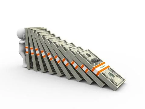 3d man holding falling dollar packs Illustrazione stock