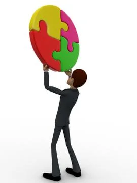 3d man holding four connect circular puzzle pieces concept Stock Illustration